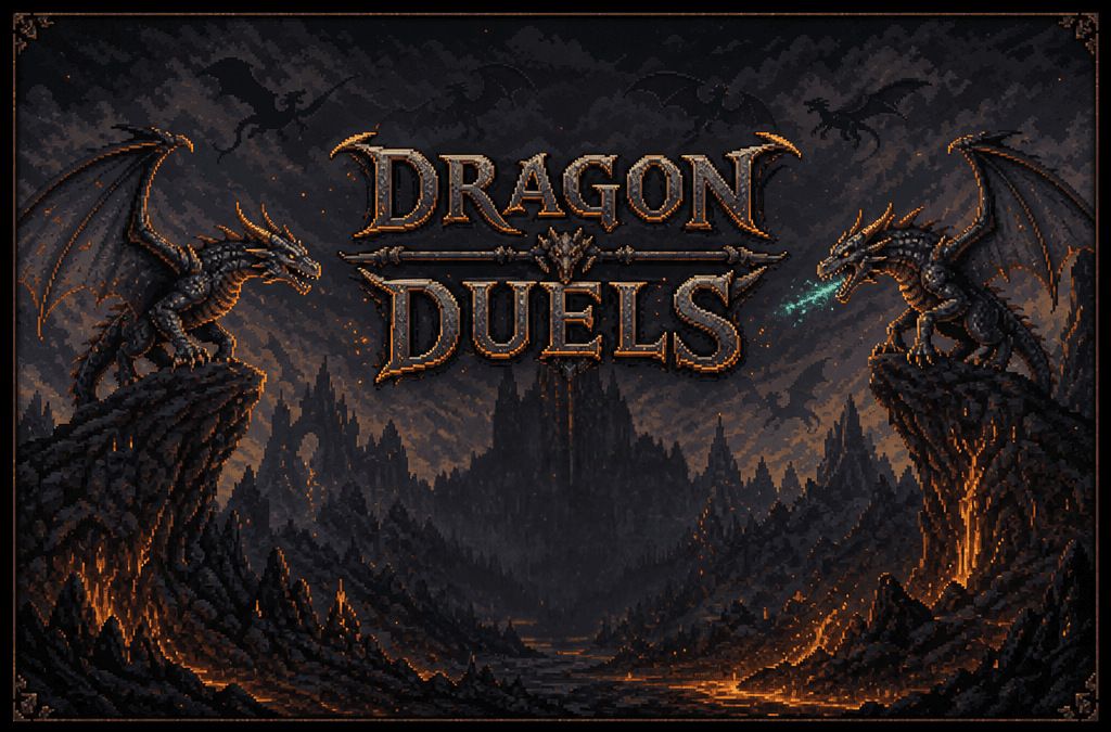 DragonDuels title screen with two dragons overlooking a volcanic kingdom